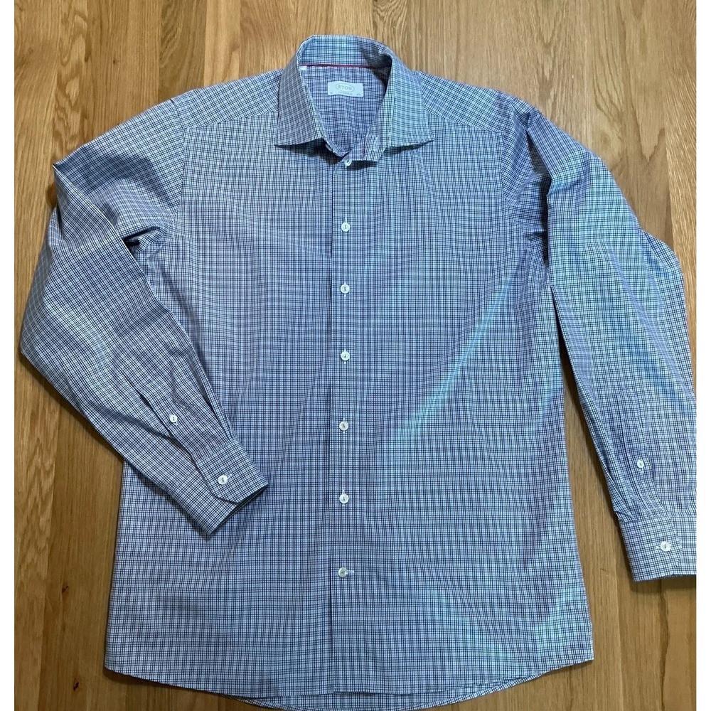Eton Contemporary Fit Dress Shirt Blue White Check Cotton Mens L 42 / 16.5
